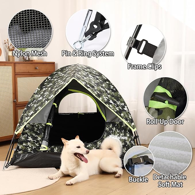 GDanes Camouflage Dog Tent House - Portable Indoor/Outdoor Dog Bed with Soft Pad for Large Dogs, 42 x 42 x 32 Inches