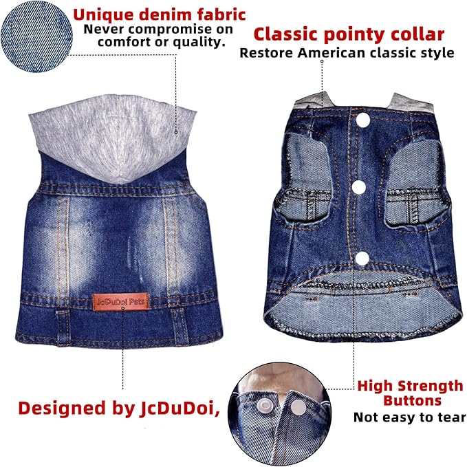 Dog Jeans Jacket with Hooded Denim Pet Coat for Puppy Small Dogs Classic Overalls Male Cat Costumes Washed Vest Clothes Outfit T-Shirts(Hoodie XX-Large)