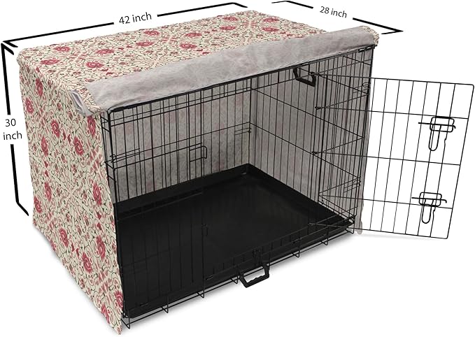Lunarable Traditional Dog Crate Cover, Lotus Motif with Petals Swirled Stalks and Leaves, Easy to Use Pet Kennel Cover for Medium Large Dogs, 42 Inch, Champagne Dried Rose
