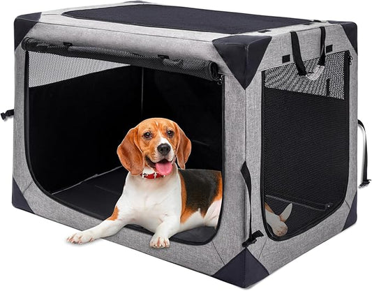 Dog Crates - 36 Inch Collapsible Soft Dog Crate, 3-Door Foldable Soft Kennel for Large Dogs, Portable Pet Travel Cage with Chew Proof Mesh Window for Outdoors