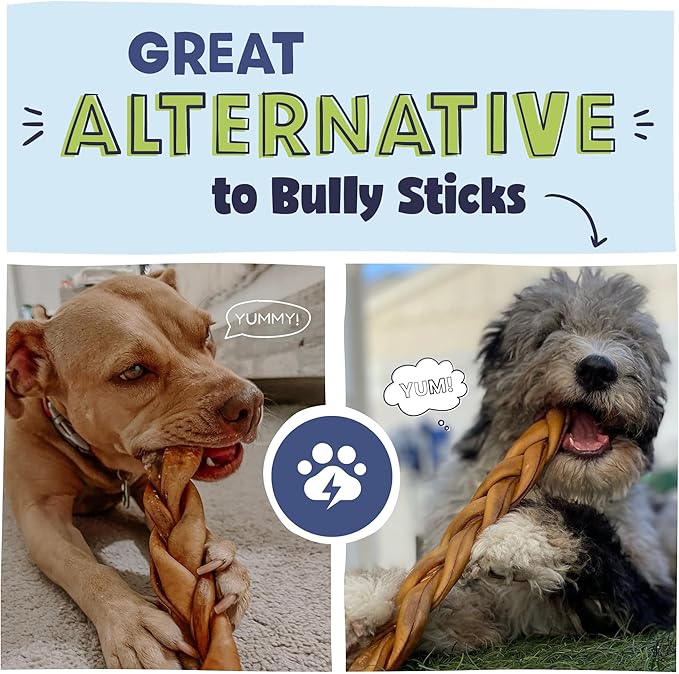Pawstruck Natural Large 10-13” Beef Collagen Braids for Dogs - Healthy Long Lasting Alternative to Traditional Rawhide & Bully Sticks w/Chondroitin & Glucosamine - 3 Count - Packaging May Vary