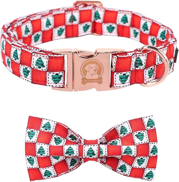 MR. CHUBBYFACE Christmas SquareTree Dog Collar with Bowtie, Cotton Boy Girl Dog Collars with Metal Buckle Cute Christmas Collars for Puppy Small Medium Large Dogs