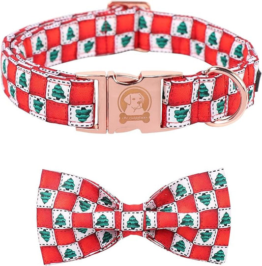 MR. CHUBBYFACE Christmas SquareTree Dog Collar with Bowtie, Cotton Boy Girl Dog Collars with Metal Buckle Cute Christmas Collars for Puppy Small Medium Large Dogs