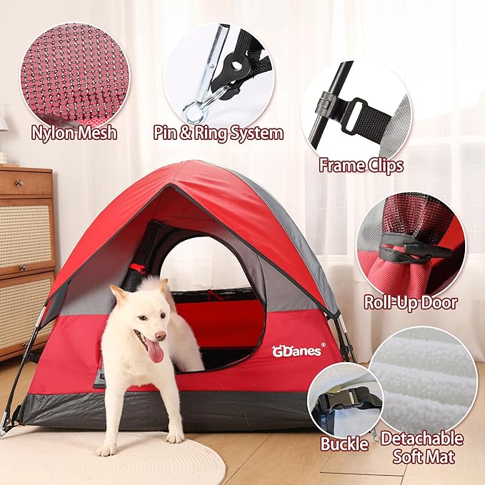 GDanes Red Dog Tent House - Portable Indoor/Outdoor Dog Bed with Soft Pad for Large Dogs, 42 x 42 x 32 Inches