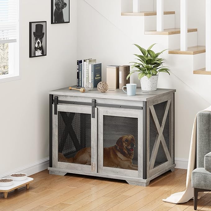 GAOMON Dog Crate Furniture with Slidings Doors，Wooden Dog Kennel End Table with Flip-top Plate for Dogs，Indoor Dog Crate Furniture with Detachable Divider for Medium Dogs, Dog House,Grey