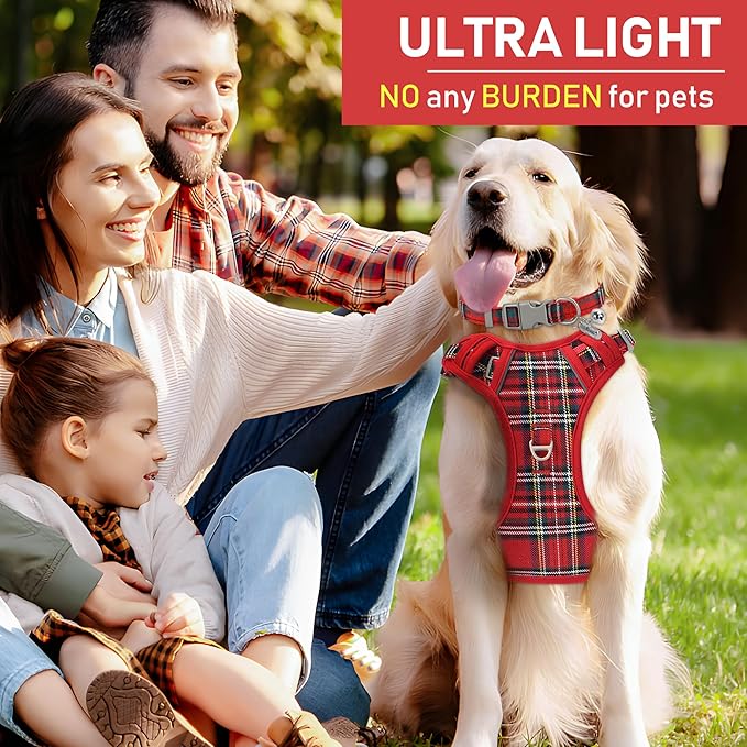 GAMUDA Dog Harness Collar and Leash Set, Dog Harness, No Chock No Pull Adjustable Vest Harnesses Plaid Reflective for Medium Dog, Cat, Small Horse, Small Bull and Pig (Red, L)