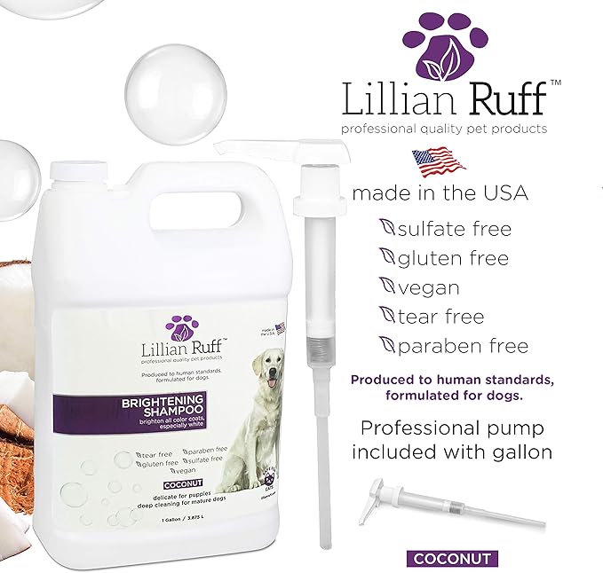 Lillian Ruff Ultra-Brightening Professional Whitening Shampoo for Dogs with Aloe & Coconut Oil for Dry Skin & Itch Relief - pH-Balanced Dog Whitening Shampoo Remove Stains, & Yellowing (Gallon/Pump)