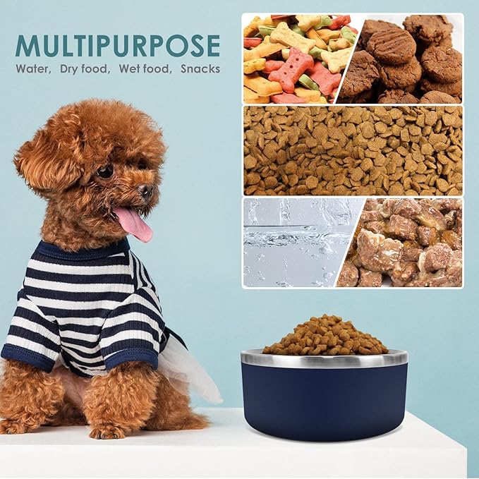 IKITCHEN Dog Bowl for Food and Water, 64 Oz Stainless Steel Pet Feeding Bowl, Durable Non-Skid Double Wall Insulated Heavy Duty with Rubber Bottom for Medium Large Sized Dogs (64 Ounces/8 Cup, Blue)