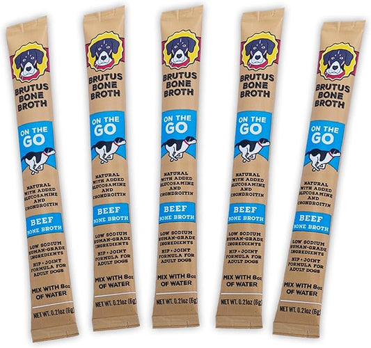 Brutus Bone Broth for Dogs - Bone Broth Powder with Chondroitin Glucosamine & Turmeric - Human Grade Dog Food Toppers for Dry Food & Picky Eaters - 5 Stick (Beef)