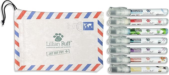 Lillian Ruff Travel Kit for Dogs | Dog Grooming Spray for Airline Travel, Dog Camping, Dog Beach | Deodorizing Waterless Dog Shampoo x4, Dog Breath Freshener, Dog Detangler Spray, Dog Ear Cleaner