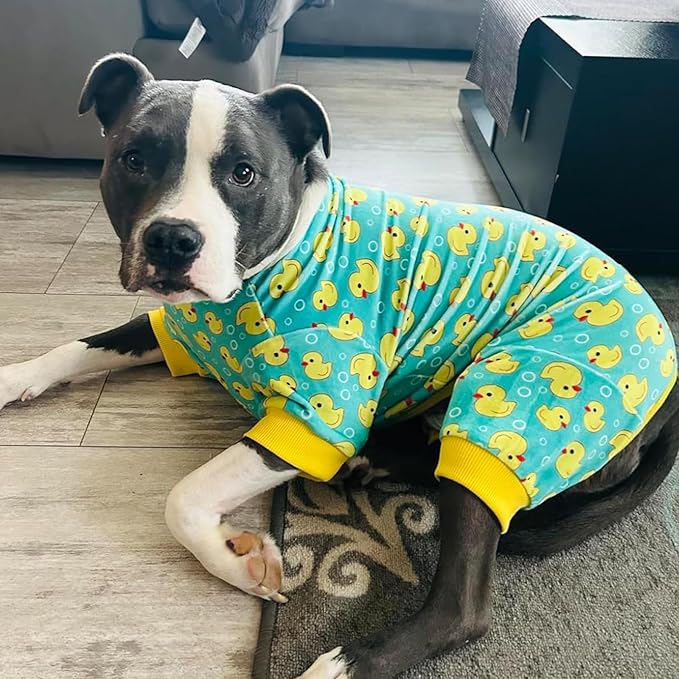 KYEESE Dog Pajamas Velvet Dog Pajamas Medium Sized Dogs Soft Dogs Clothes Pjs with Yellow Ducks Pattern Stretchy Pet Jammies Coat Comfy Pet Onesie Costume, 2X-Large