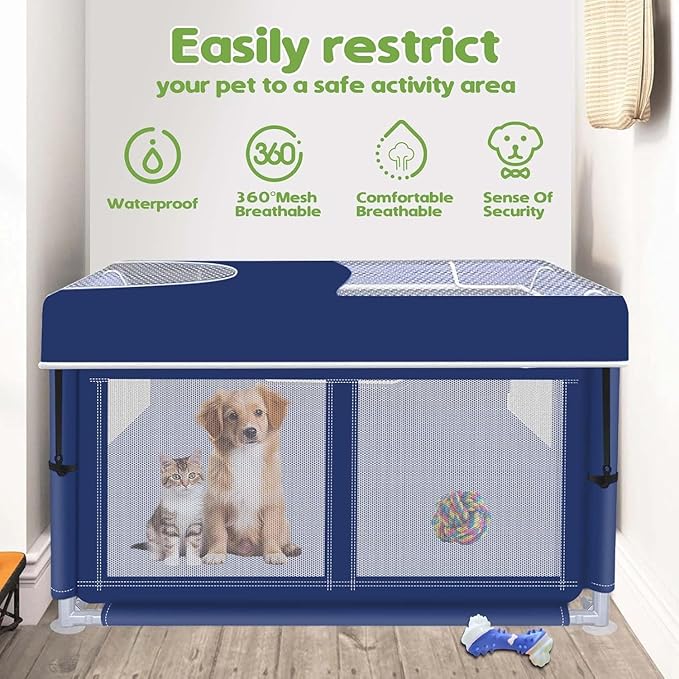 Dog Playpen with Cover, 42x42x25.6 Inches Foldable Portable Soft Puppy Playpen with Gate, Thickened Fabric Mesh Dog Fence with High-Strength Nylon Wire Mesh, Indoor Outdoor Breathable Exercise Cage