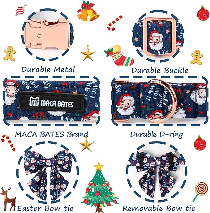 Maca Bates Christmas Santa Dog Collar with Bow Bowtie for Dogs Sailor Bow Tie Adjustable Breakaway Blue Collars Accessories Gift for Small Medium Large XL Puppy with Golden Metal Buckle