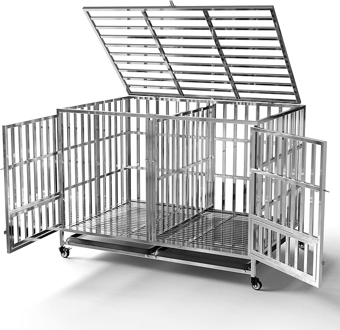 Collapsible Stainless Steel Dog Crate, 30" 37" 42" 48" Sizes, Lockable Wheel, with Tray, Stackable, Heavy Duty, Divider, Indoor and Outdoor (48insm)