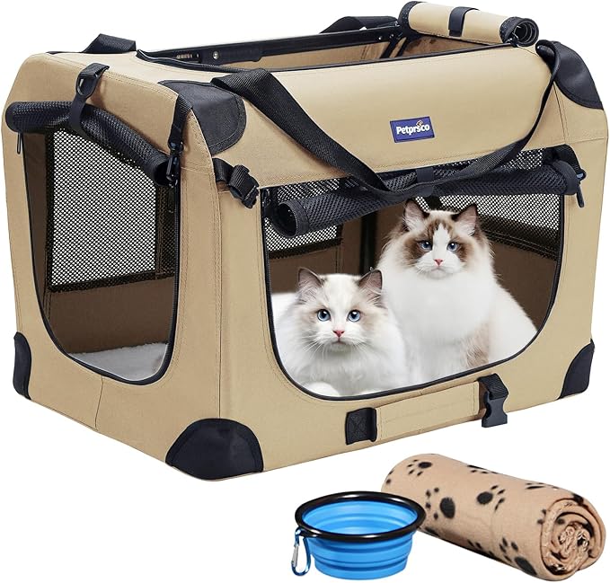 Petprsco Portable Collapsible Dog Crate, Travel Dog Crate 24x17x17 with Soft Warm Blanket and Foldable Bowl for Large Cats & Small Dogs Indoor and Outdoor