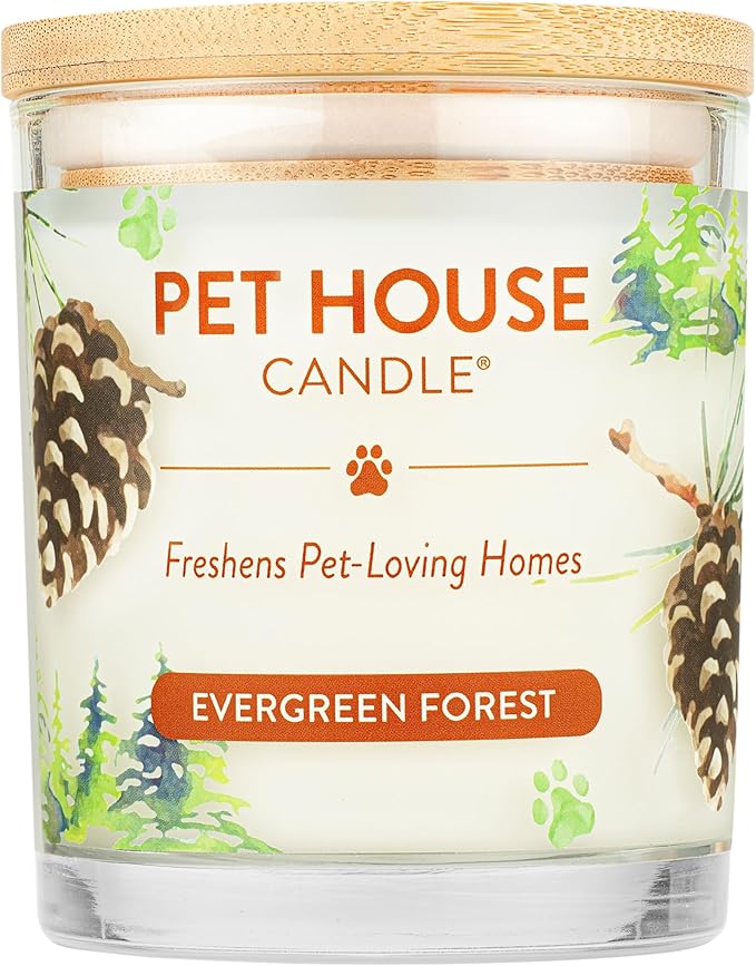 One Fur All Pet House Scented Candle in 9 OZ Glass Jar, 100% Plant-Based Soy Candle with a Cotton Wick, Clean Burning, Long Lasting Pet Odor Candles for Home, Evergreen Forest