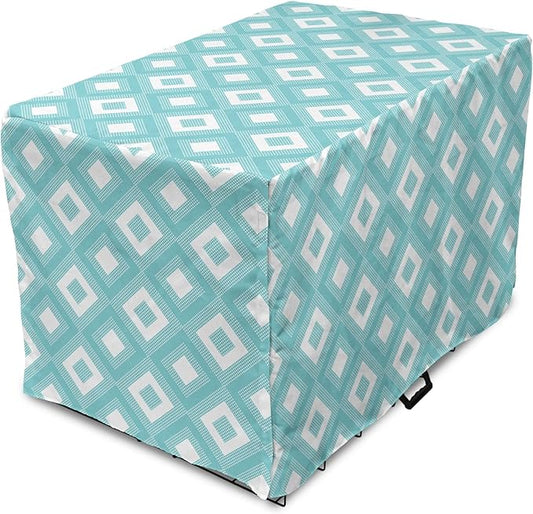 Lunarable Geometric Dog Crate Cover, Nested Diagonal Squares with Tiny Polka Dots Symmetric Repetition, Easy to Use Pet Kennel Cover for Cats & Medium Dogs, 24 Inch, White and Pale Teal