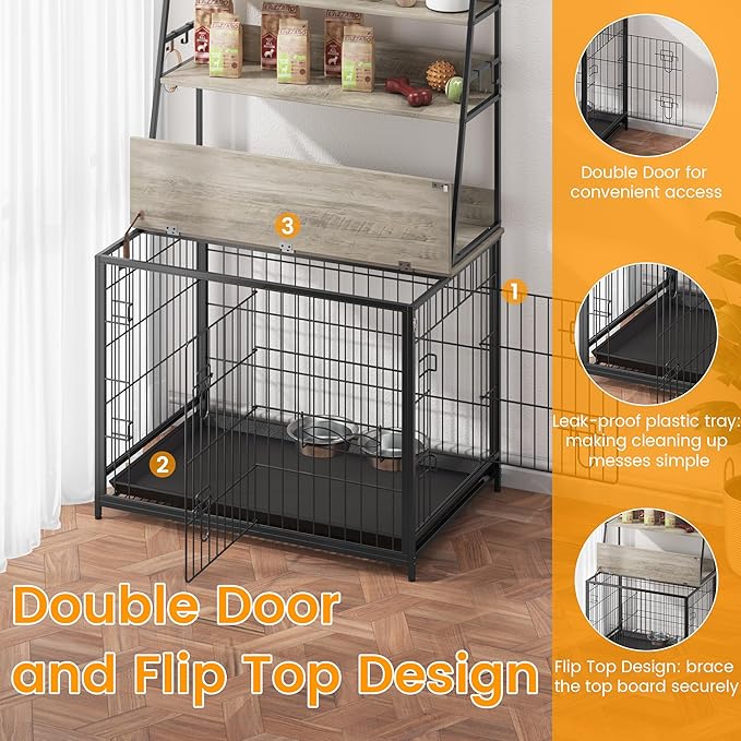 GAOMON Modern Dog Crate with Storage Shelves, Wooden Kennel with Removable Tray, Double Doors, Indoor Dog House with Two Adjustable Bowls, End Table Design, Grey