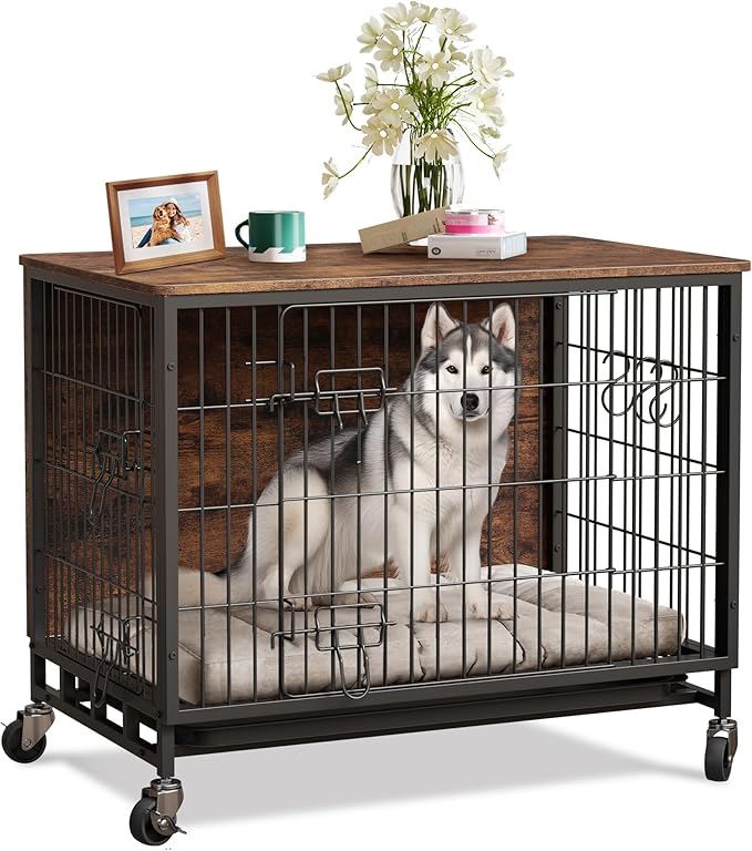Dog Crate Furniture, 38.6" Modern Double-Door Dog House with Pull-Out Tray, Heavy-Duty Wooden Kennel & Removable Wheels, Side Table for Large Dog Sizes, Rustic Brown