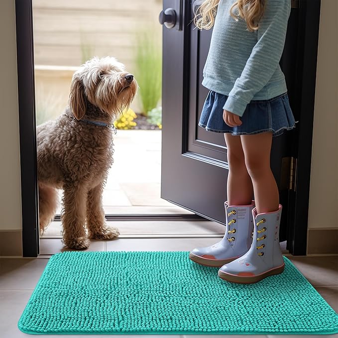 OLANLY Dog Door Mat for Muddy Paws 47x24, Absorbs Moisture and Dirt, Absorbent Non-Slip Washable Mat, Quick Dry Chenille, Mud Mat for Dogs, Entry Indoor Door Mat for Inside Floor, Teal