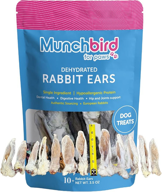Dehydrated Rabbit Ears 100g (3.5 oz) 12-15 Counts for Dogs & Cats, European Furry Rabbit Ear Natural Fiber for Dogs, Rawhide Free Alternative to Pig Ears for Dogs, Ear Size Varies