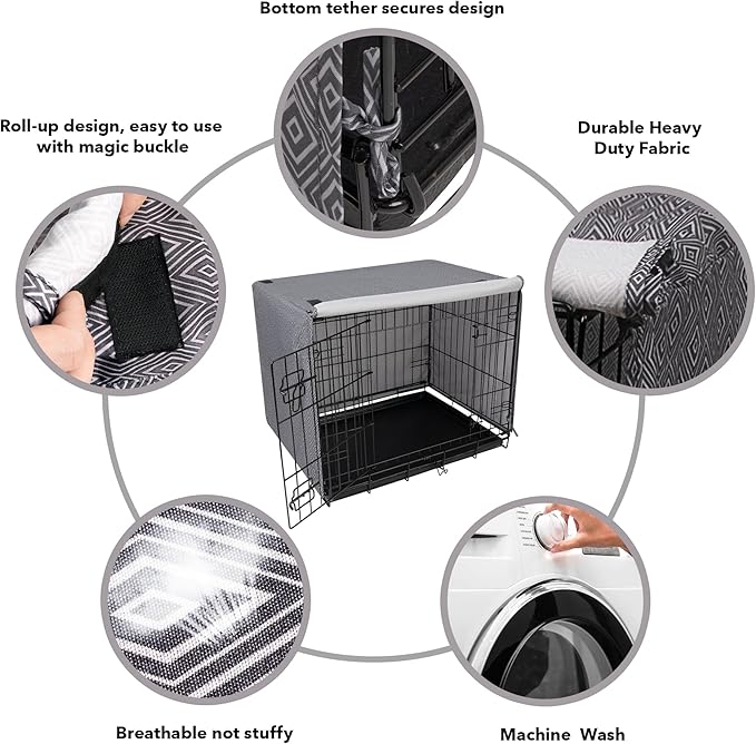 PetPrime Dog Crate Cover Breathable Polyester Indoor Durable Double Door Pet Kennel Cover Fit for 24-48 inches Wire Dog Crate Dog-Cover Only 42inch(42"x28"x30")