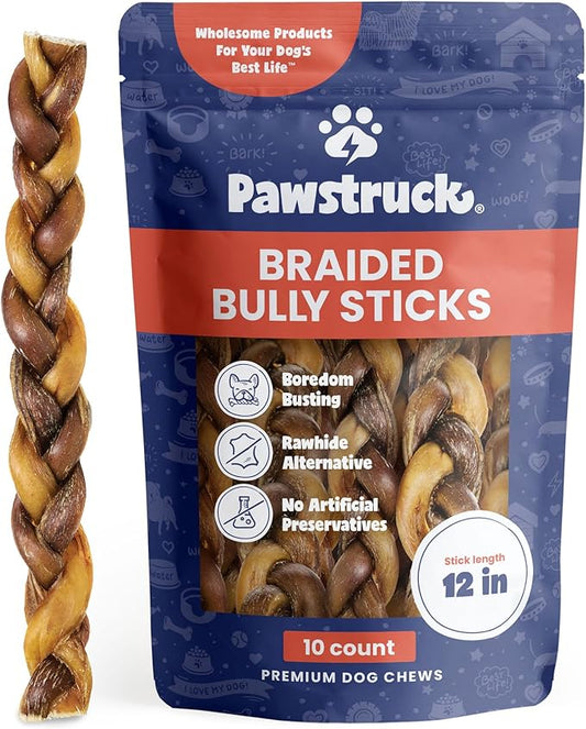 Pawstruck Natural 12” Braided Bully Sticks for Dogs - Tough Long Lasting, Rawhide Free, Low Odor, Healthy Single Ingredient Chew Treat for Aggressive Chewers - 10 Count - Packaging May Vary