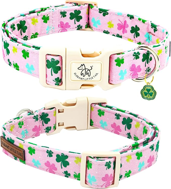 Elegant little tail St Patrick's Day Dog Collar-Lucky Colver Cotton Shamrock Pet Collar Trefoil Holiday Adjustable Cotton Pet Collar with Quick Release Buckle for Small Medium Large Dogs
