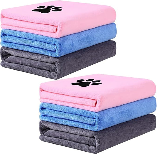 Kenning 6 Pieces Dog Towel Large Soft Pet Grooming Towel Absorbent Microfiber Dog Grooming Supplies with Embroidered Paw for Drying Dogs Cats Bathing Essentials, 20 x 39 Inch, Gray, Blue, Pink