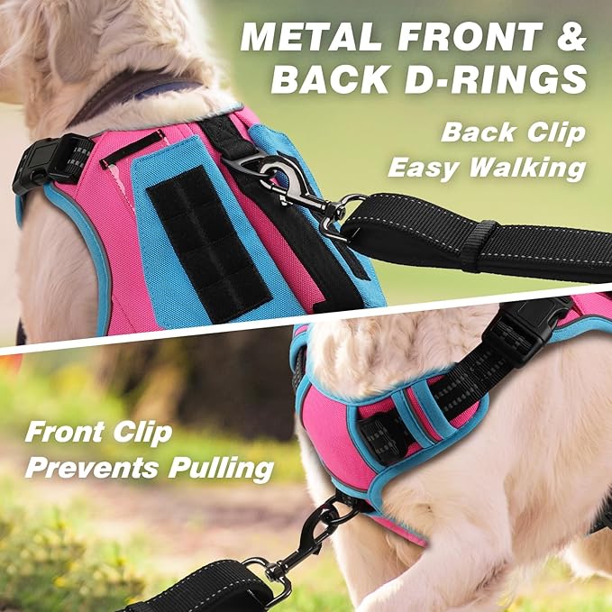 WINGOIN Tactical Dog Harness for Medium Dogs, No Pull Harness with Handle Pockets Poop Bag, Reflective Dog Vest, Military Service Heavy Duty Big Dog Harness for Walking Hiking Training, Pink Blue, M