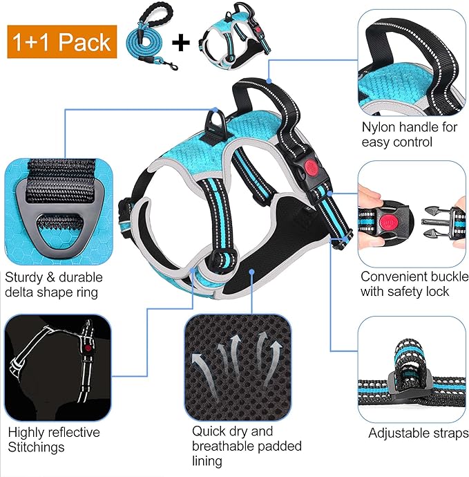 tobeDRI No Pull Dog Harness Adjustable Reflective Oxford Easy Control Medium Large Dog Harness with A Free Heavy Duty 5ft Leash