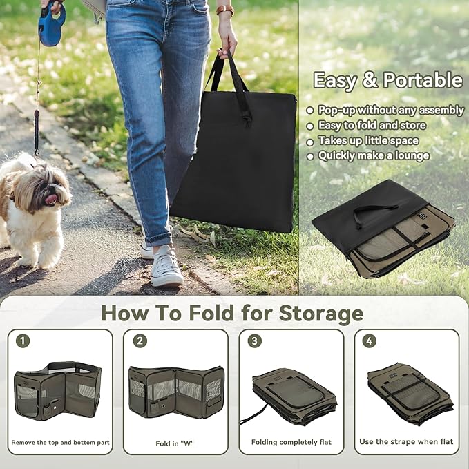 PETSFIT Dog Playpen, 36" Dia Sturdy Foldable Puppy Playpen for Dogs Cats Indoor/Outdoor, Portable Pet Playpen with Carring Case, Removable Mesh Zipper Top and Waterproof Playpen Mat Army Green M