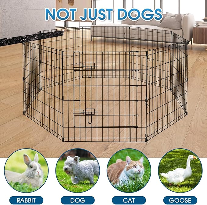Dog Pen Pet Playpen Dog Fence Indoor Foldable Metal Wire Exercise Puppy Play Yard Pet Enclosure Indoor Outdoor 8 Panels 30 Inch with Bottom Pad/Top Cover