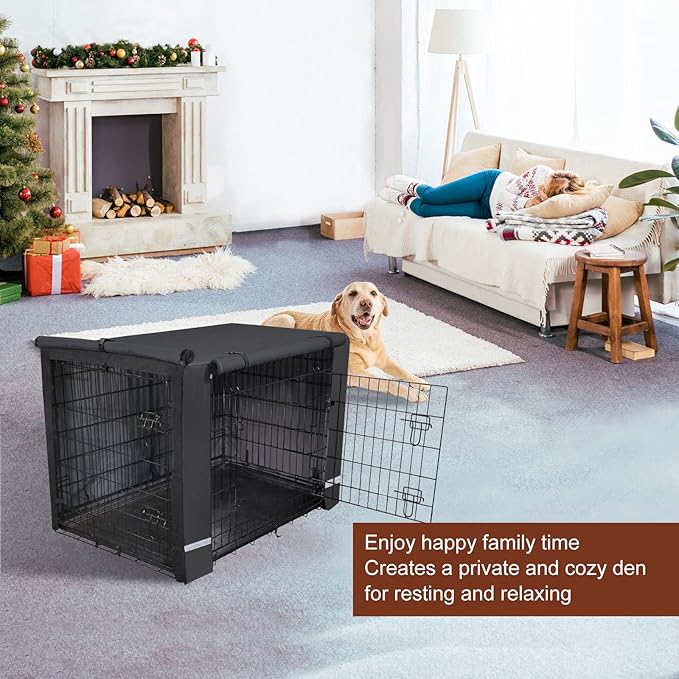 Yotache 36" Double Door Dog Crate Cover - 600D Waterproof Polyester Privacy Kennel Cover with Anti-Slip Straps | Machine-Washable Pet Cage Accessories for Indoor/Outdoor (Black, Crate Not Included)