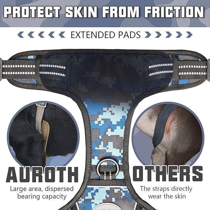 Auroth Tactical Dog Training Harness No Pulling Front Clip Leash Adhesion Reflective K9 Pet Working Vest Easy Control for Small Medium Large Dogs Blue Camo S
