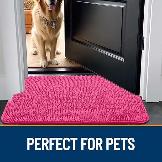 OLANLY Dog Door Mat for Muddy Paws 30x20, Absorbs Moisture and Dirt, Absorbent Non-Slip Washable Mat, Quick Dry Chenille, Mud Mat for Dogs, Entry Indoor Door Mat for Inside Floor, Hot Pink