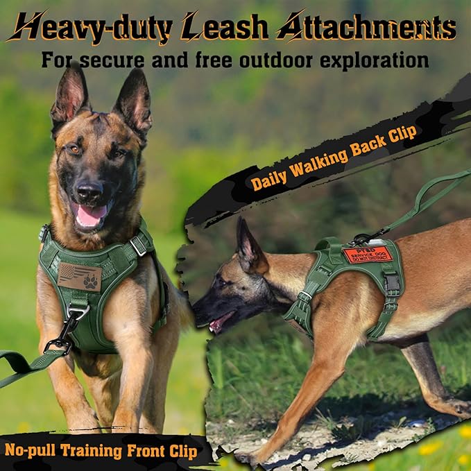 rabbitgoo Dog Harness for Large Dogs No Pull, Tactical Service Dog Vest with Molle and Control Handle, Adjustable and Reflective Military Pet Harness for Easy Walking and Training, Green, L