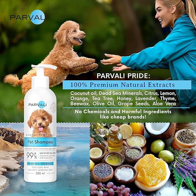 Natural Dead Sea Hypoallergenic Pet Shampoo (250 ml, 8.45 fl oz). for Puppies, Kittens or Seniors with Allergies or Sensitive, Delicate Skin. Minerals Rich, Extra-Scented Formula. Enjoy!