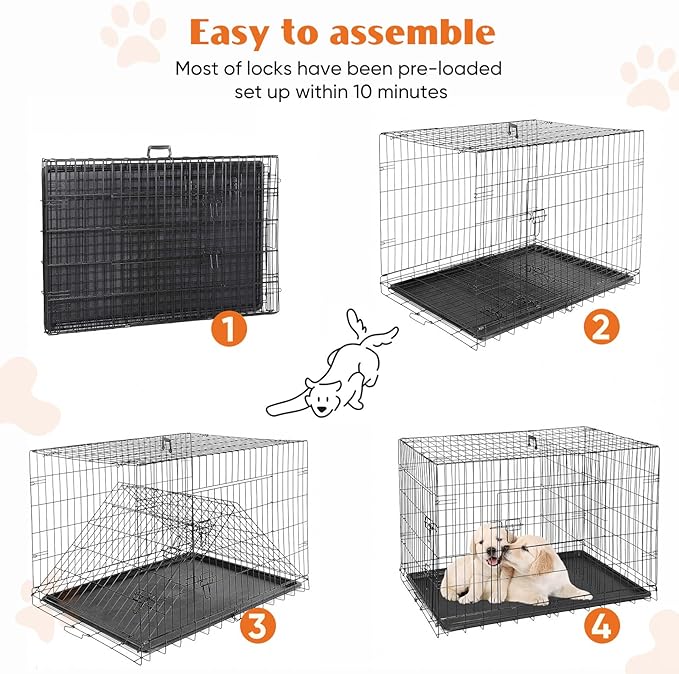Sweetcrispy Small Dog Crate with Divider Panel,24 Inch Double Door Folding Metal Wire Dog Cage with Plastic Leak-Proof Pan Tray, Pet Kennel for Indoor, Outdoor, Travel