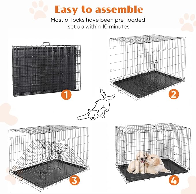 Dog Crates for Medium Dogs, Heavy Duty Dog Cage Indoor W/Divider Panel & Removable Tray, Metal Double Doors Dog Kennel for Indoor Outdoor Travel, Floor Protecting Feet, 24 in Black