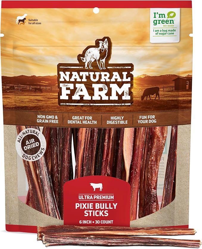 Natural Farm Bully Sticks (6 Inch, 30 Pack), Thin Pizzle Pixie Beef Treats, Grain-Free, High Protein, Best Rawhide Alternative for Small, Puppies or Senior Dogs