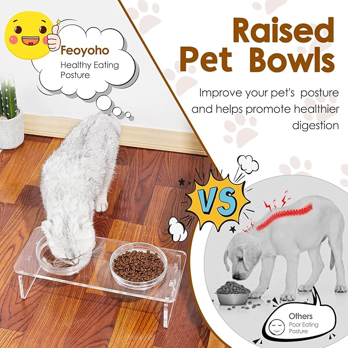 Dog and Cat Bowls Elevated Set - Acrylic Feeder Stand with 2 Set Removable Stainless Steel and Glass Bowls Food and Water Raised Dishes for Small Pet,3.75 inches