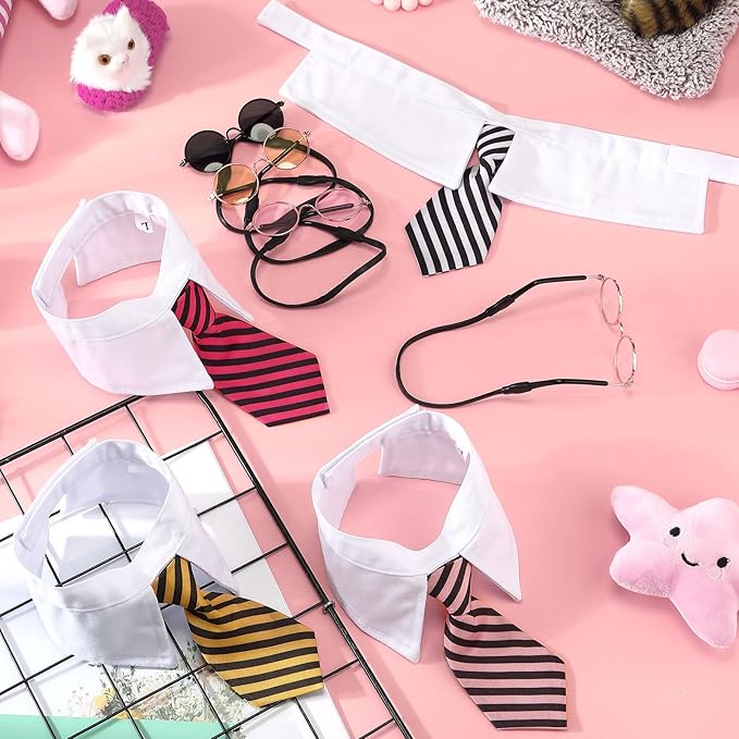 Weewooday 8 Pcs Pet Dog Cat Costume Cat Tie Collar Glasses for Small Dog Round Metal Retro Sunglasses Tie Pet Costume Tuxedo Necktie Collar Puppy Accessories Halloween Cosplay Party (Bright Colors)