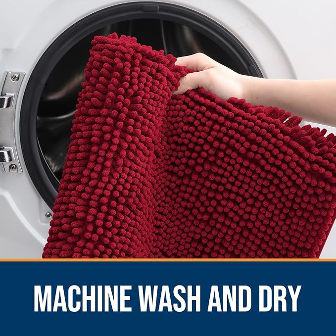 OLANLY Dog Door Mat for Muddy Paws 24x16, Absorbs Moisture and Dirt, Absorbent Non-Slip Washable Mat, Quick Dry Chenille, Mud Mat for Dogs, Entry Indoor Door Mat for Inside Floor, Red