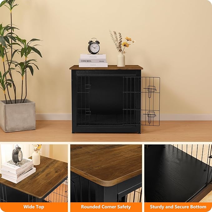 DWANTON Dog Crate Furniture with Cushion, Wooden Dog Crate with Double Doors, Dog Furniture, Dog Kennel Indoor for Small Dog，End Table, 27.2" L, Black+Warm Brown