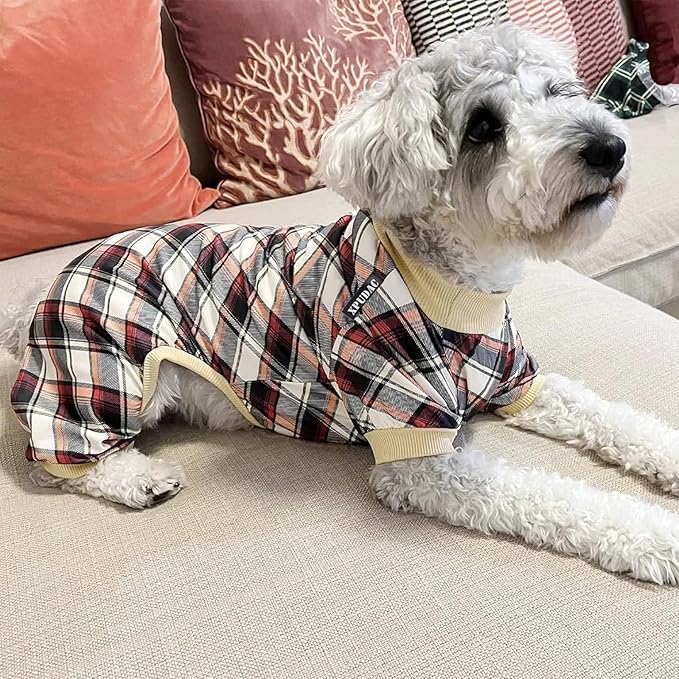 XPUDAC 4 Pack Dog Pajamas for Small Dogs Cats Plaid Doggie Clothes Puppy Onesies Christmas Pajamas Jumpsuits Pet Pjs Shirt Apparel X-Small, Red Green Khaki Grey
