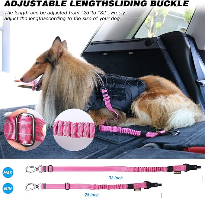AUBELL Dog Seatbelt, Updated 3-in-1 Pet Car Seat Belt for Dogs, Bungee Dog Car Tether with Clip Hook Latch & Buckle, Heavy Duty Dog Car Harness with Swivel Aluminum Carabiner,Black+Hotpink