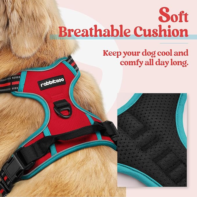 rabbitgoo Dog Harness, No-Pull Pet Harness with 2 Leash Clips, Adjustable Soft Padded Dog Vest, Reflective No-Choke Pet Oxford Vest with Easy Control Handle for Large Dogs, Red & Teal, L
