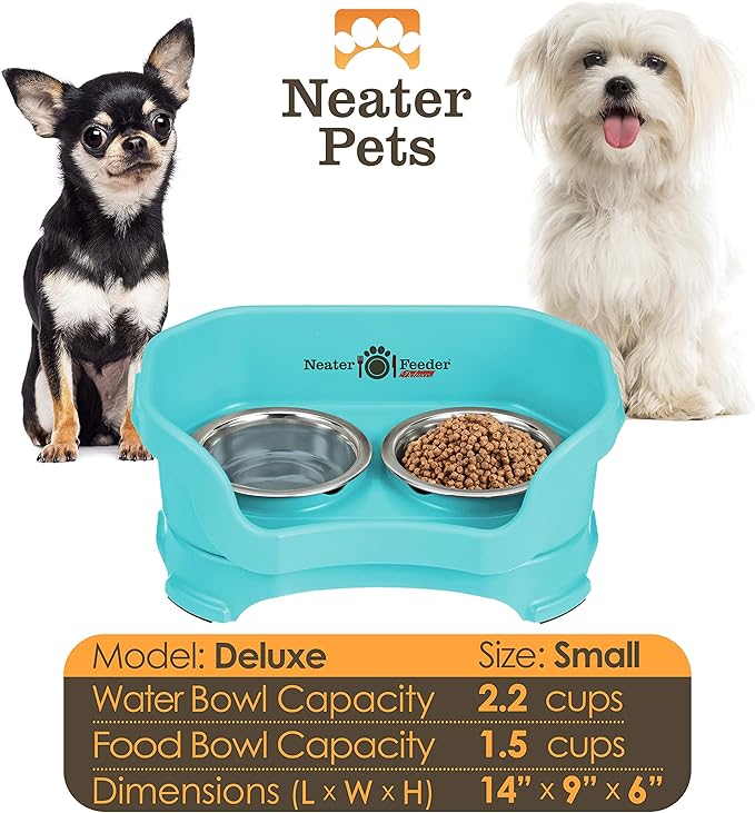 Neater Feeder Deluxe Mess Proof Dog Bowls Elevated for Small Breed – Made in USA – No Spill Raised Dog Food Bowl Stand – Stainless Steel Food and Water Bowl Set, Pet Feeding Station, Aquamarine