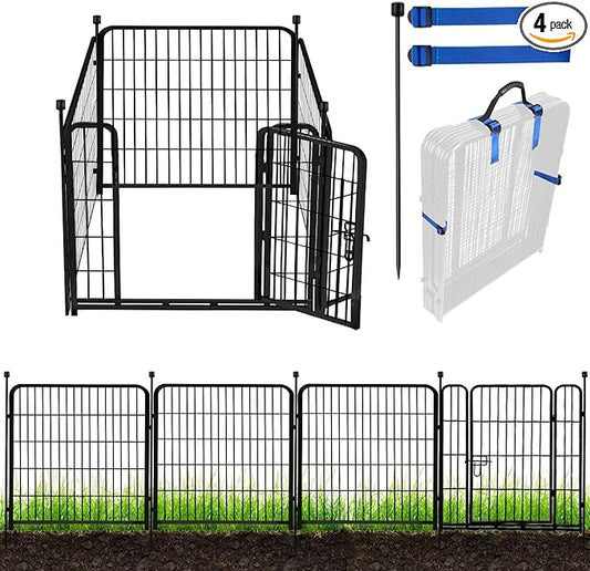 ADAVIN Tall Garden Fence with Gate, 48 in(H) 4 Panels Heavy Duty Iron Metal Fencing Border, Indoor or Outdoor Dog Playpen, Animal Barrier Fence, No Dig Fencing for Yard, Total 8.9 FT(L), Black